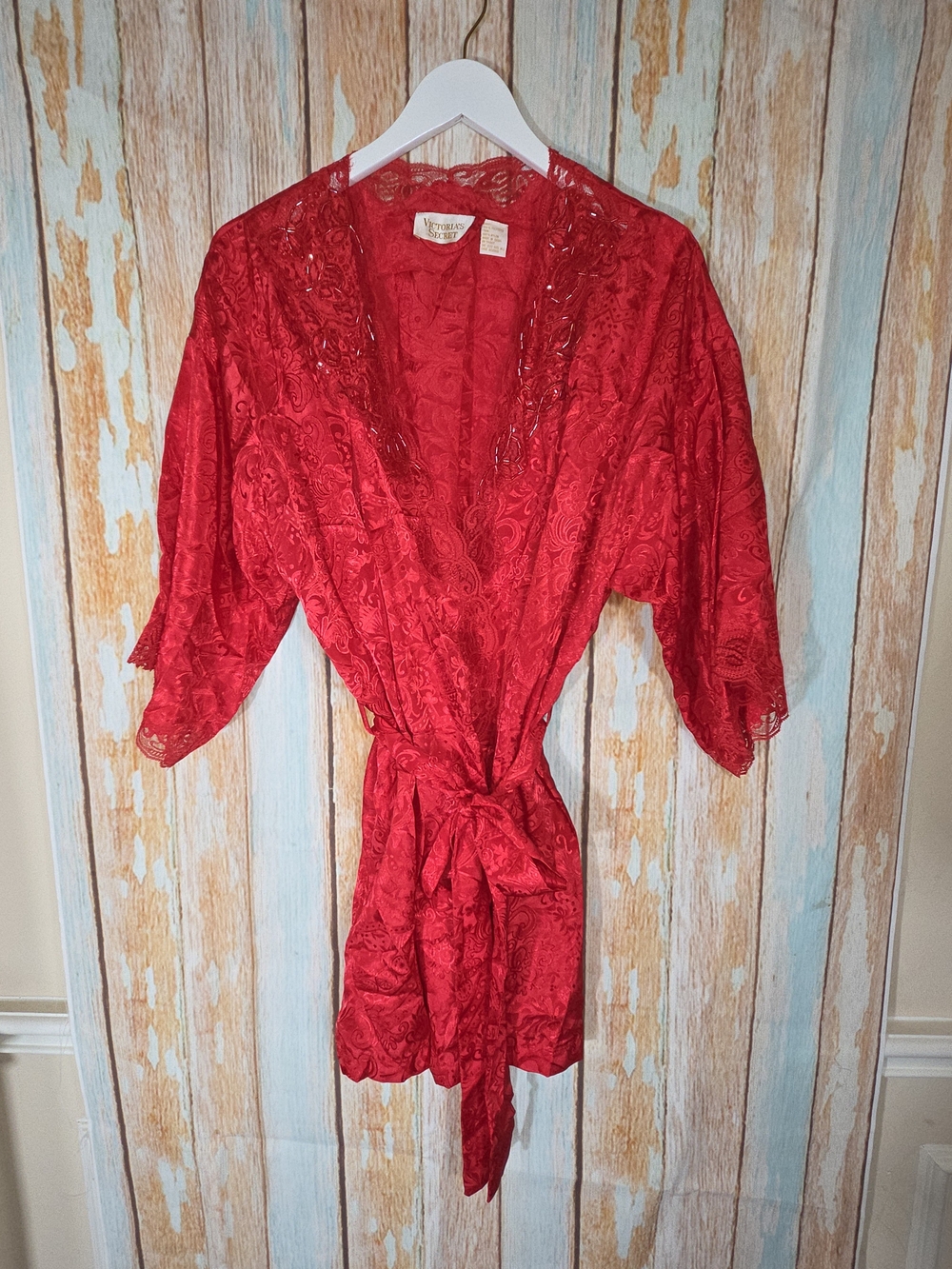 Vintage Victoria Secret Red Satin Lace Beaded Robe One Size Gold Label